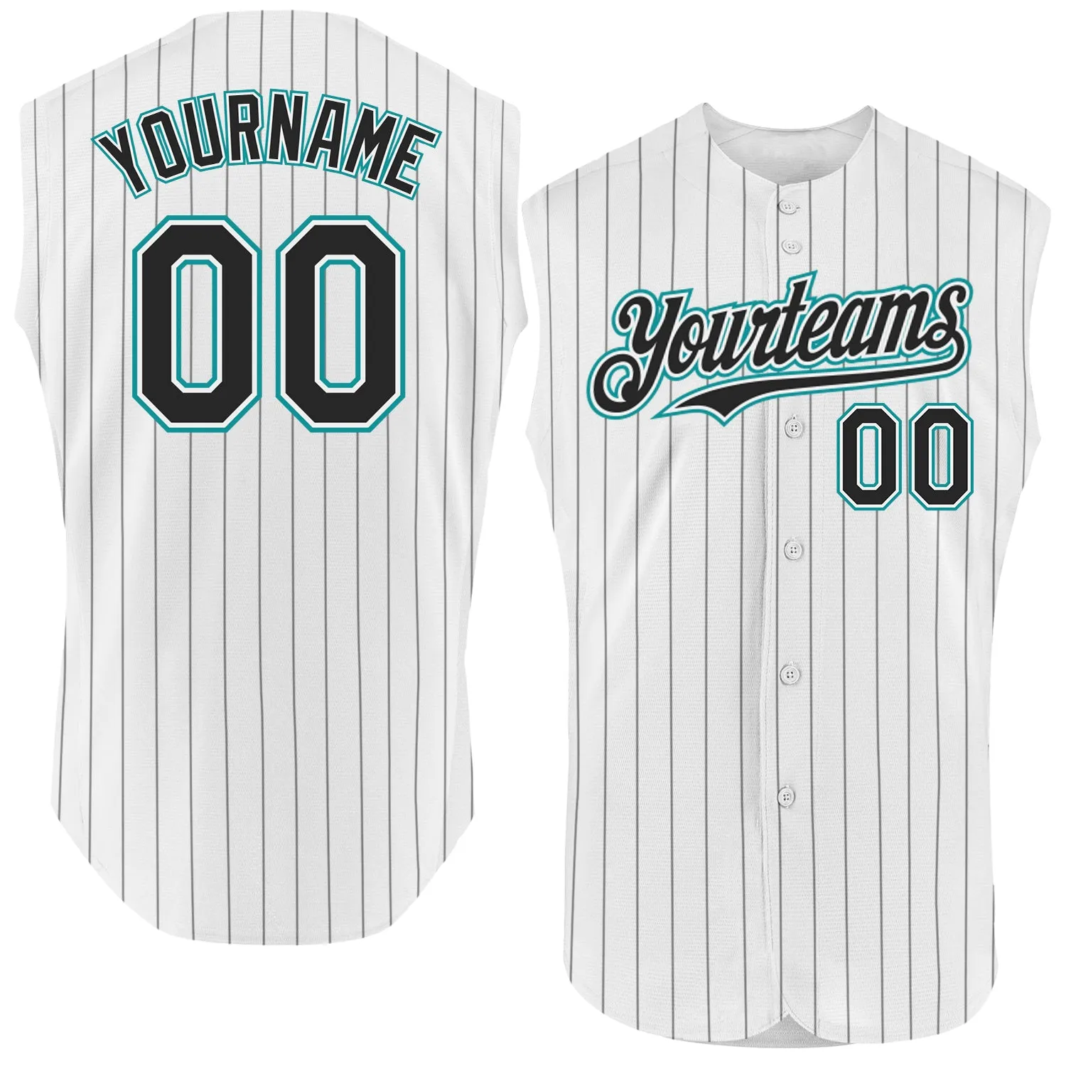 Custom White Black Pinstripe Teal Authentic Sleeveless Baseball Jersey