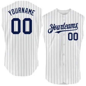 Custom White Navy Pinstripe Gray Authentic Sleeveless Baseball Jersey