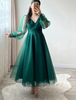 Dark Green Prom Dresses V-Neck Puffy Sleeves A-Line Evening Gown for Wedding