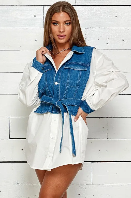 DENIM VEST SHIRT MINI DRESS LONG SLEEVE