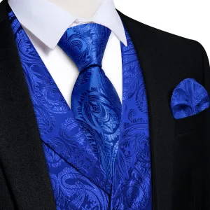 DiBanGu Navy Blue Paisley Notched Collar Silk Mens Vest Tie Set