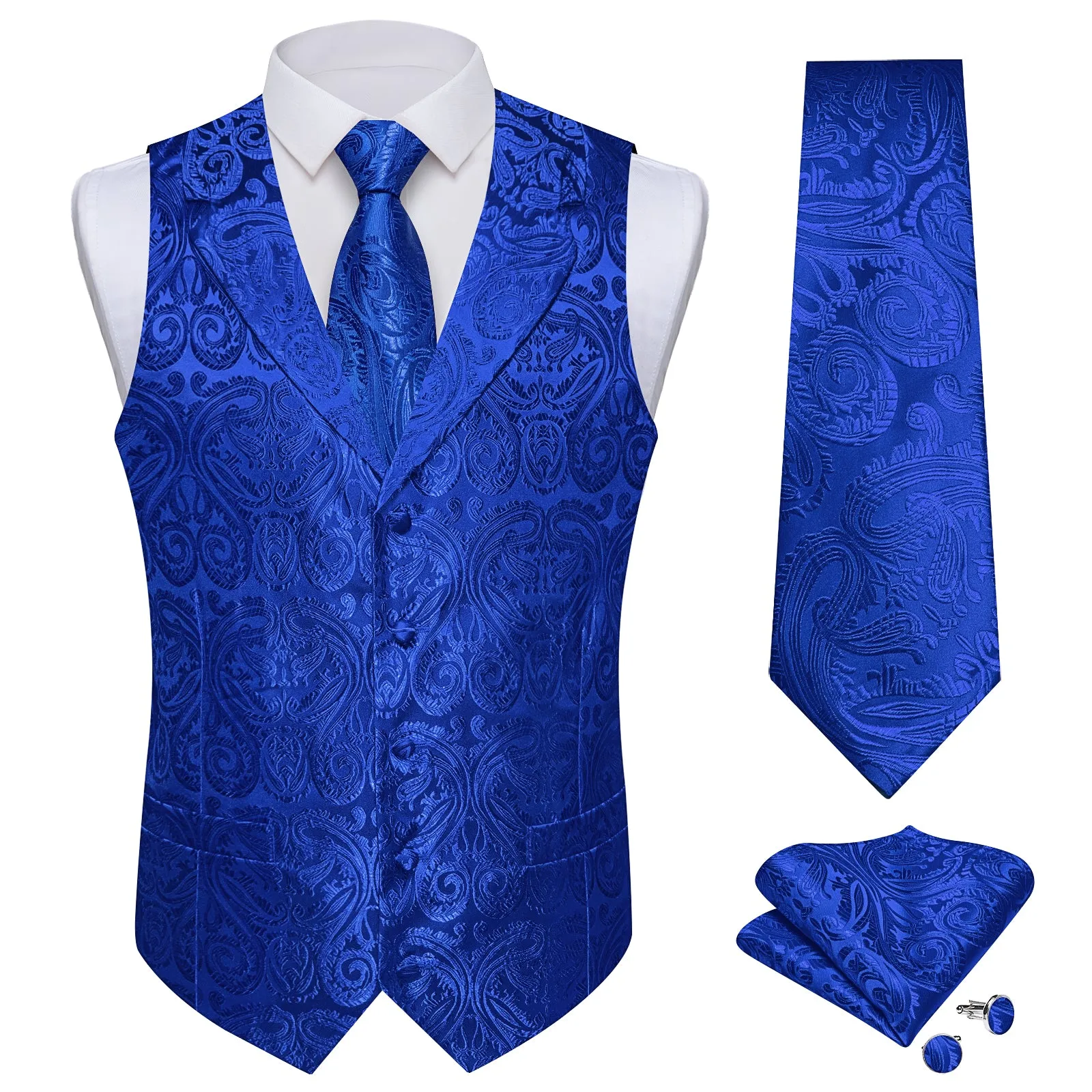 DiBanGu Navy Blue Paisley Notched Collar Silk Mens Vest Tie Set