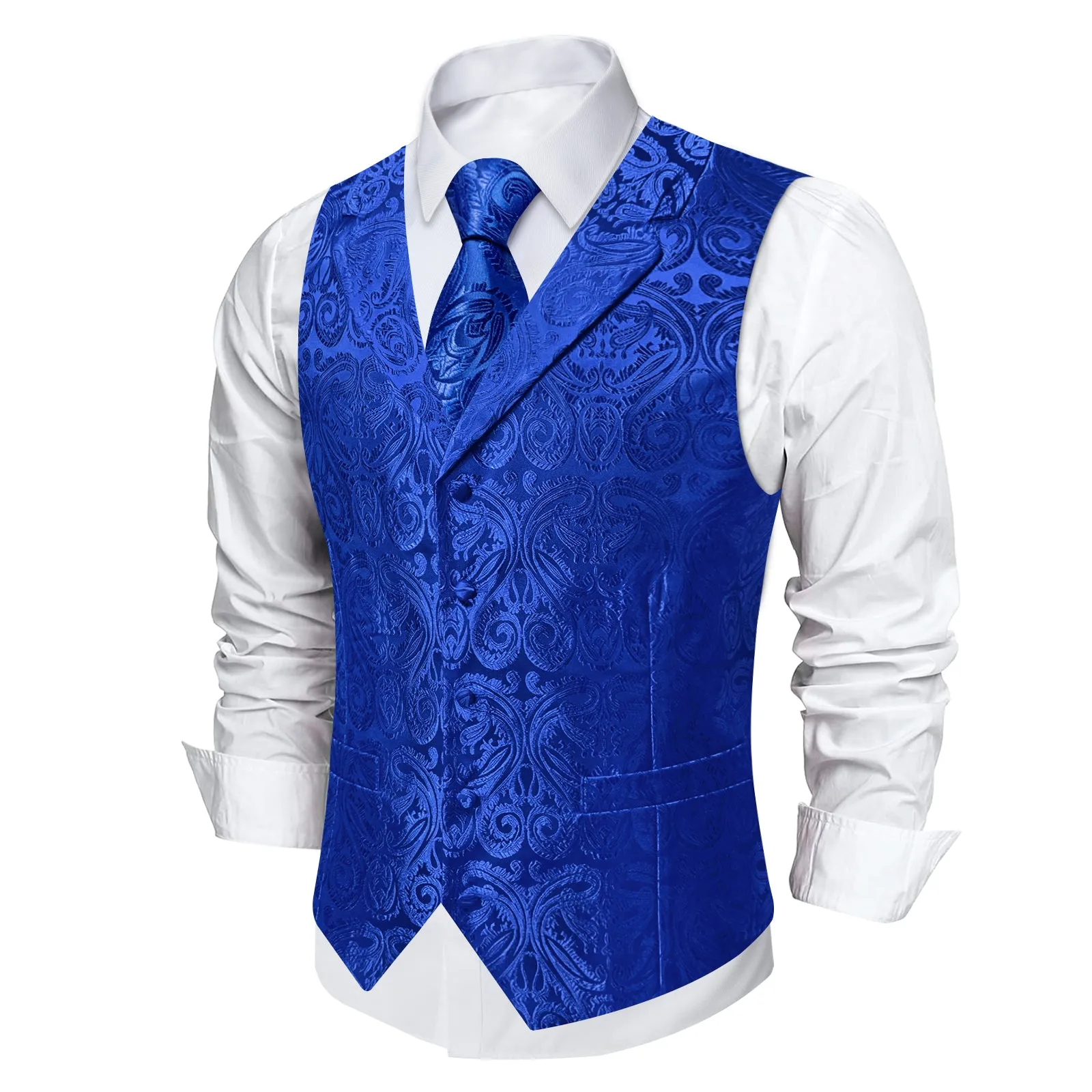 DiBanGu Navy Blue Paisley Notched Collar Silk Mens Vest Tie Set