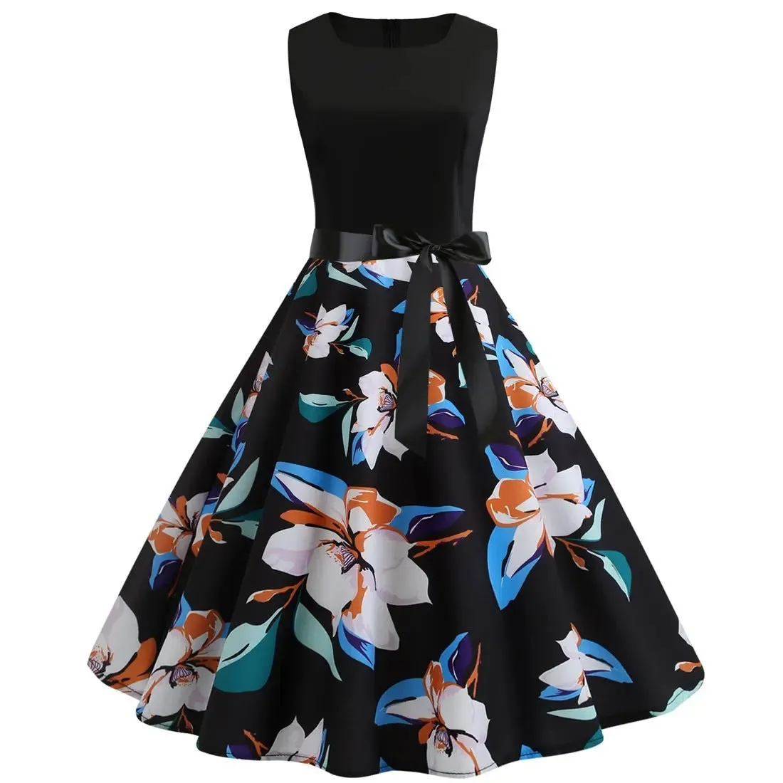 Digital Printing Women's Dress Women's Vest Stitching Large Swing Dress Digital Printing Ribbon