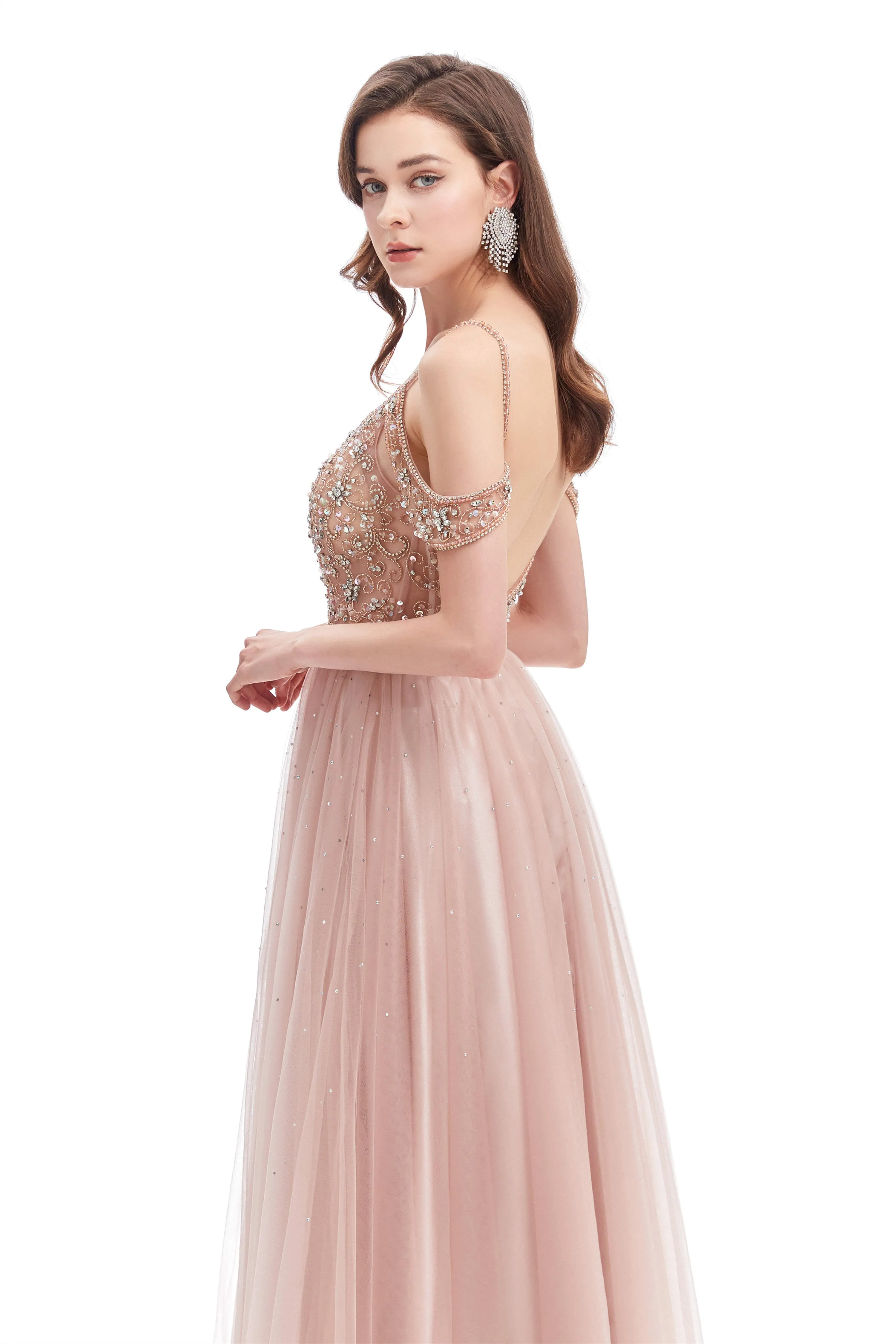 Dusty Pink Crystal Sparkle Starry Prom Dresses with Straps Backless