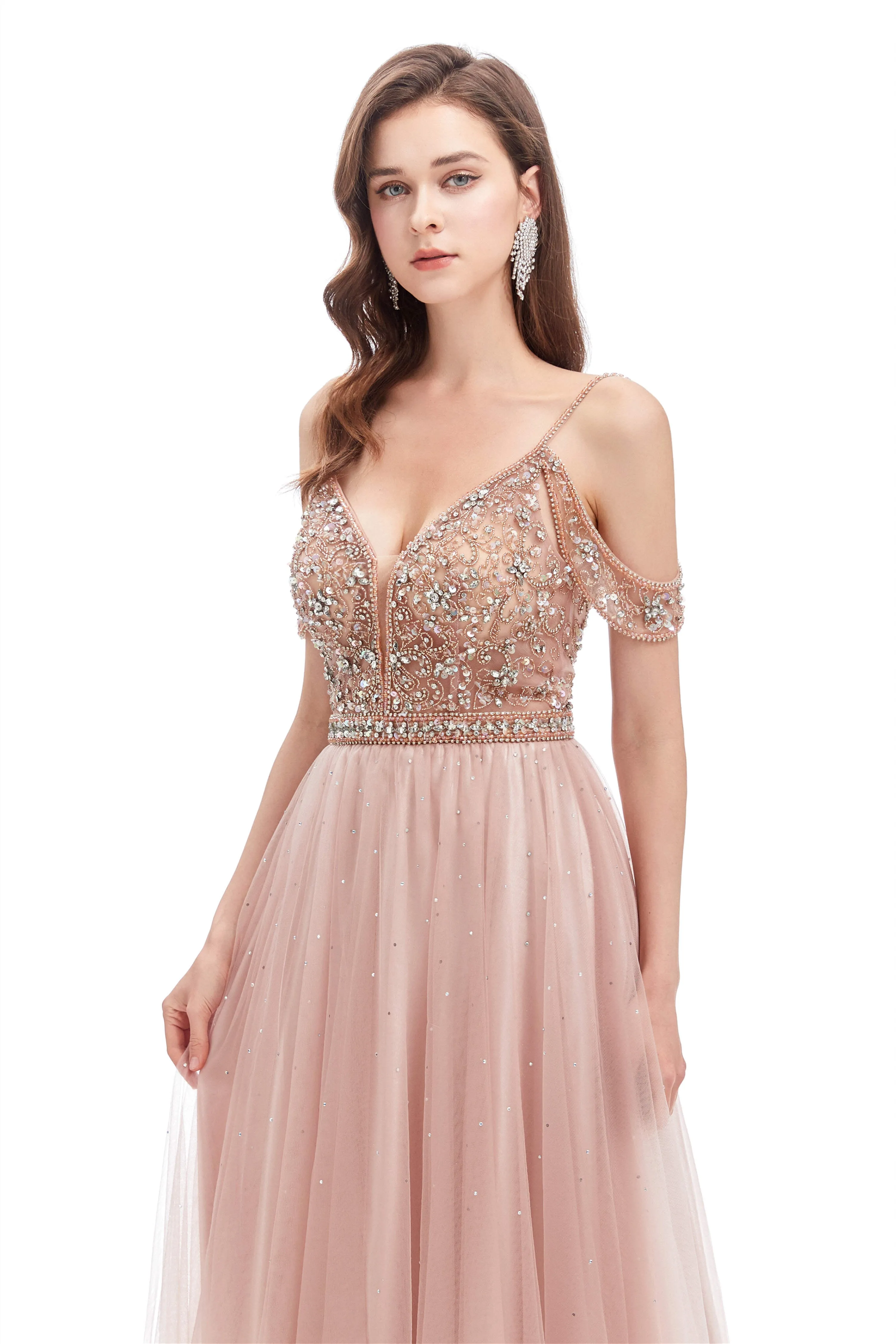 Dusty Pink Crystal Sparkle Starry Prom Dresses with Straps Backless