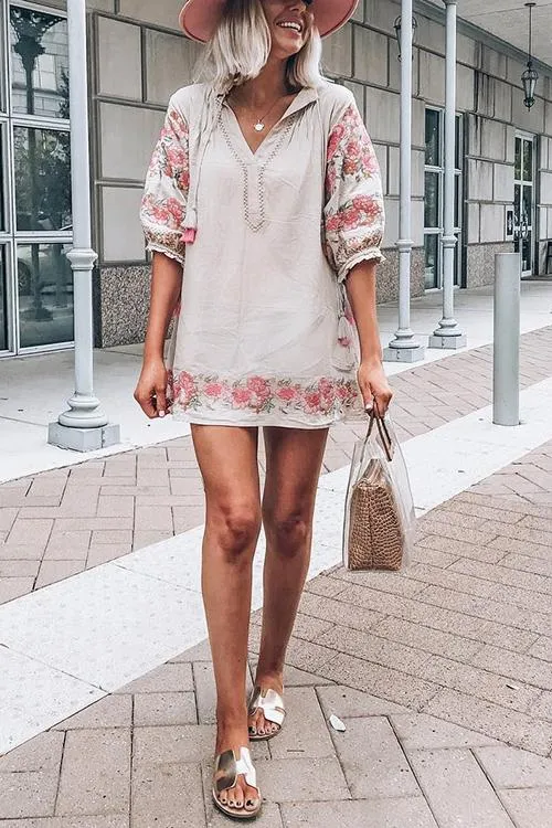 Embroidery Tassels Puff Sleeve Mini Dress