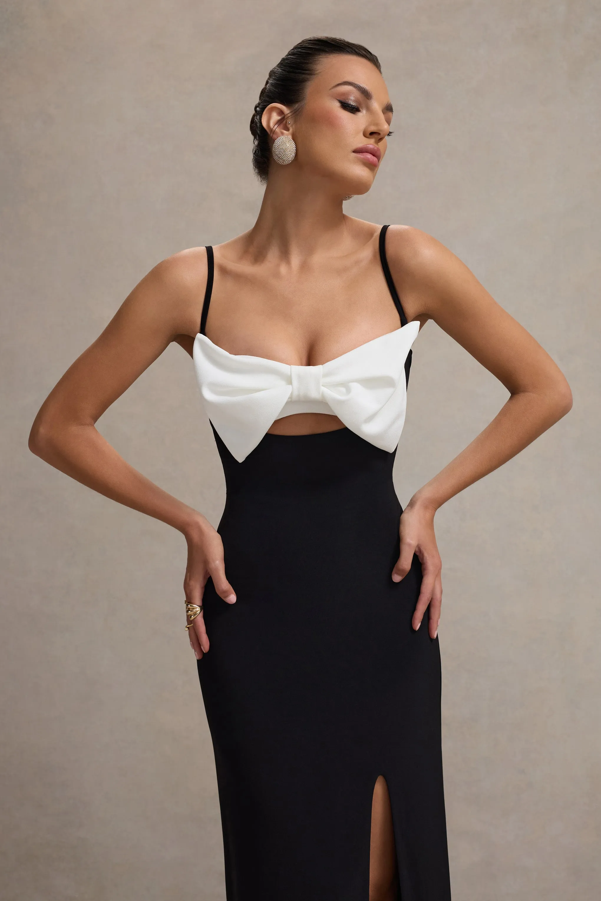 Emmalou | Black & White Strappy Split Maxi Dress With Bow