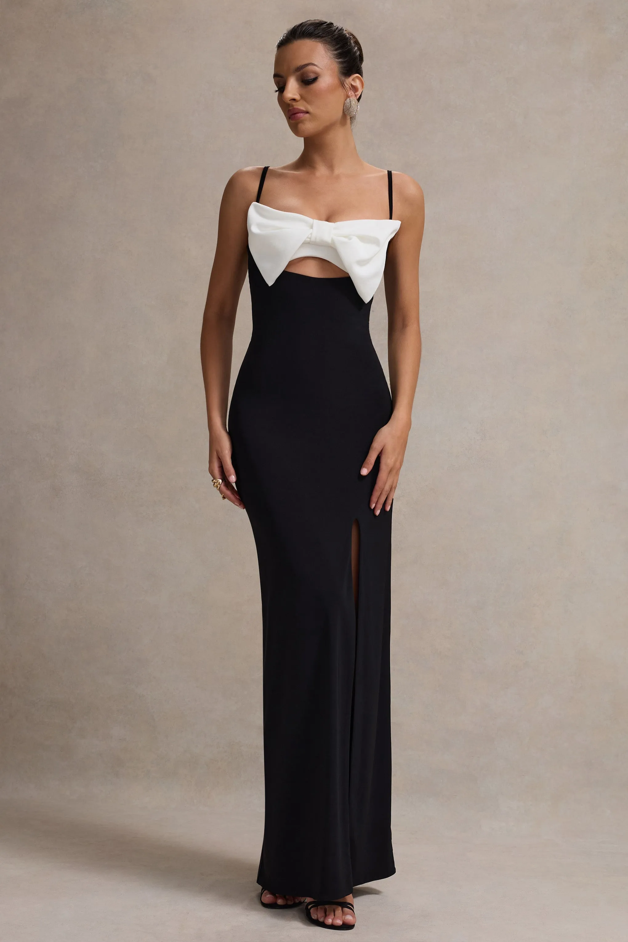 Emmalou | Black & White Strappy Split Maxi Dress With Bow