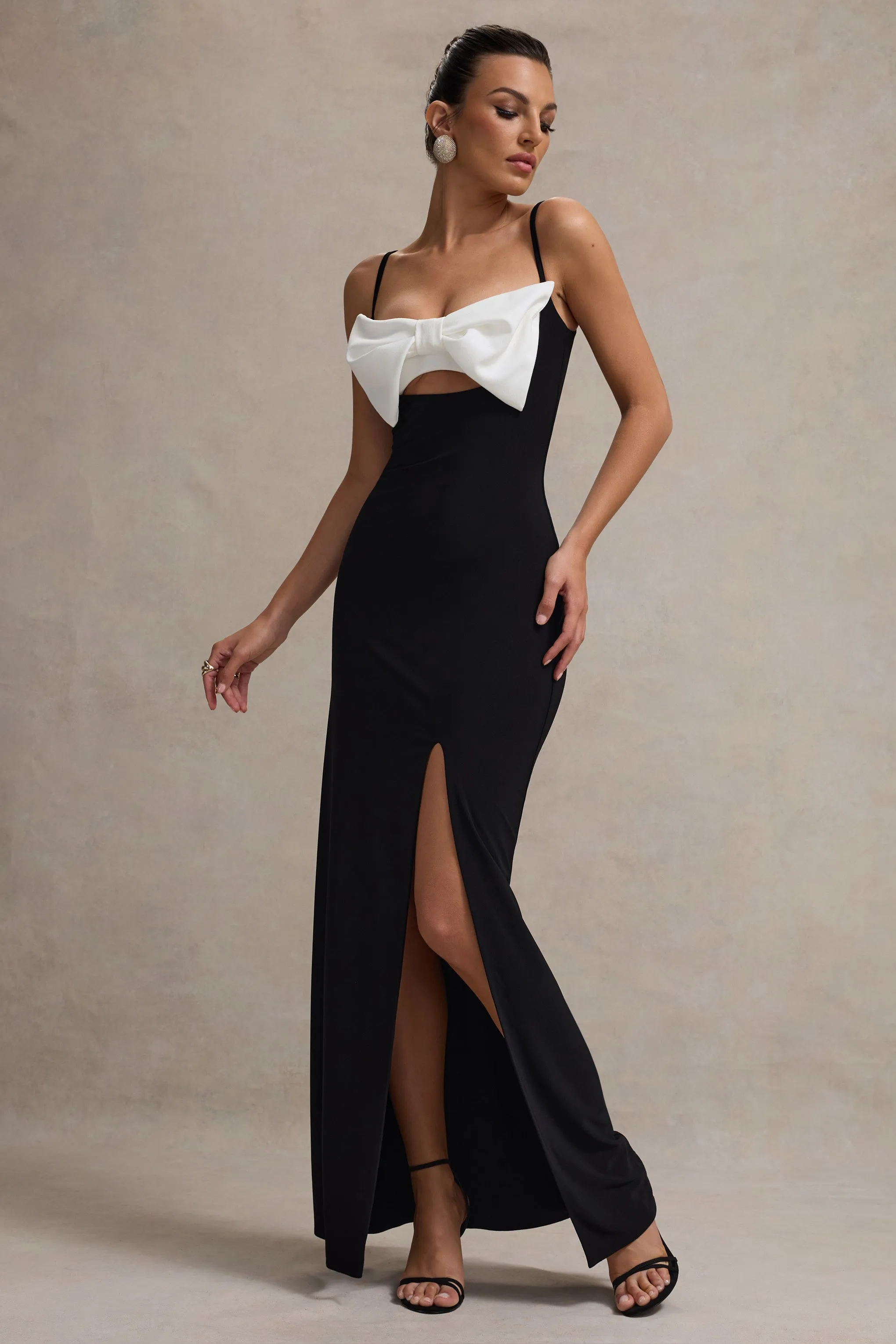 Emmalou | Black & White Strappy Split Maxi Dress With Bow