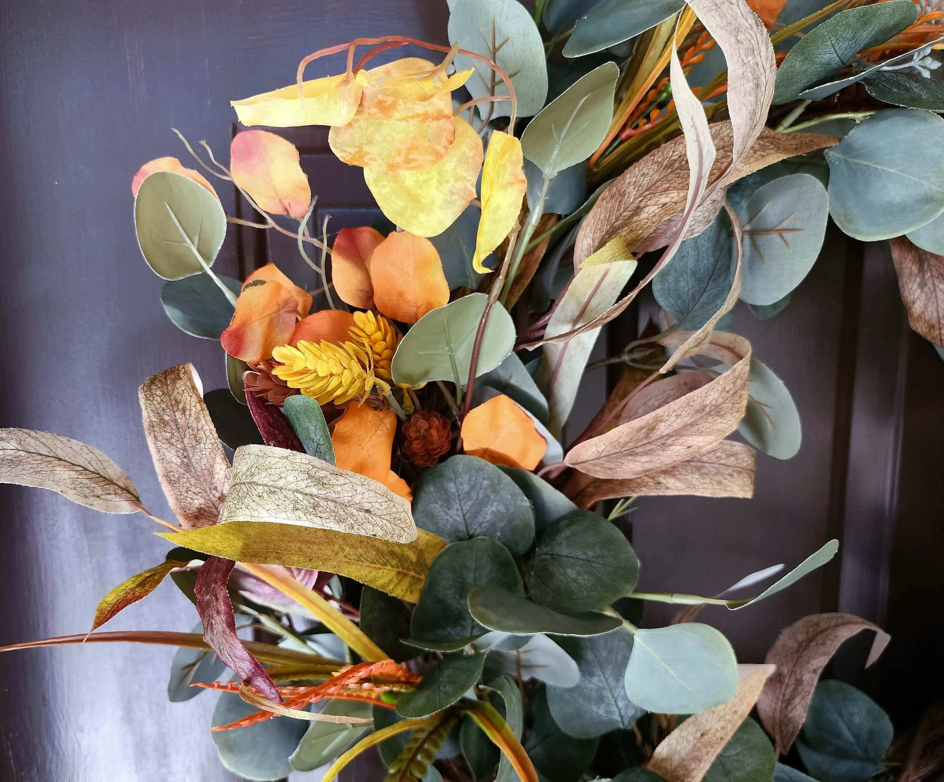 Fall eucalyptus wreath in greens, yellows and orange, earth toned wreath, front door wreath, home decor, housewarming gift, handmade gift