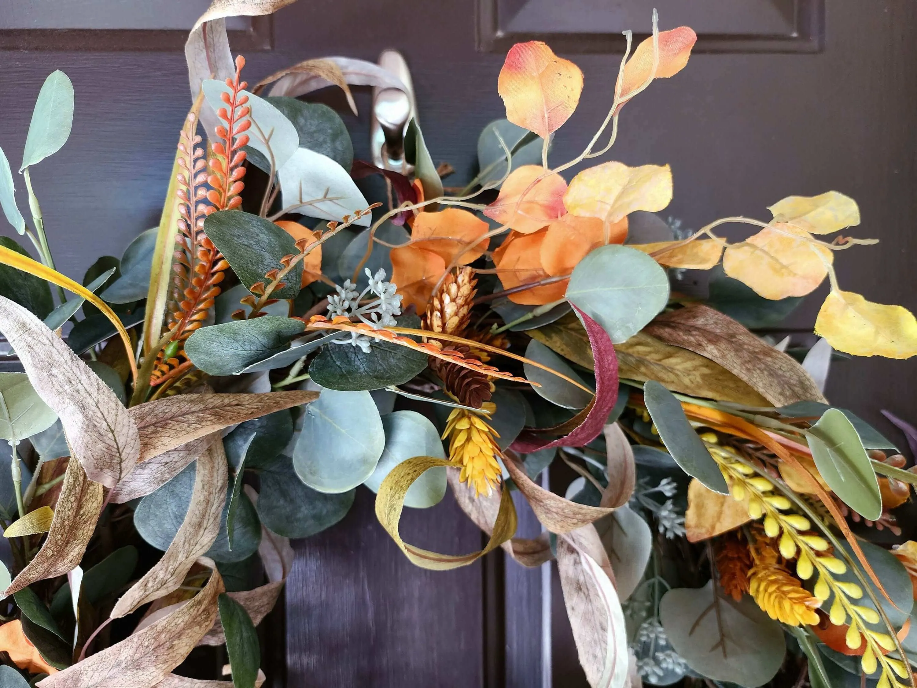 Fall eucalyptus wreath in greens, yellows and orange, earth toned wreath, front door wreath, home decor, housewarming gift, handmade gift