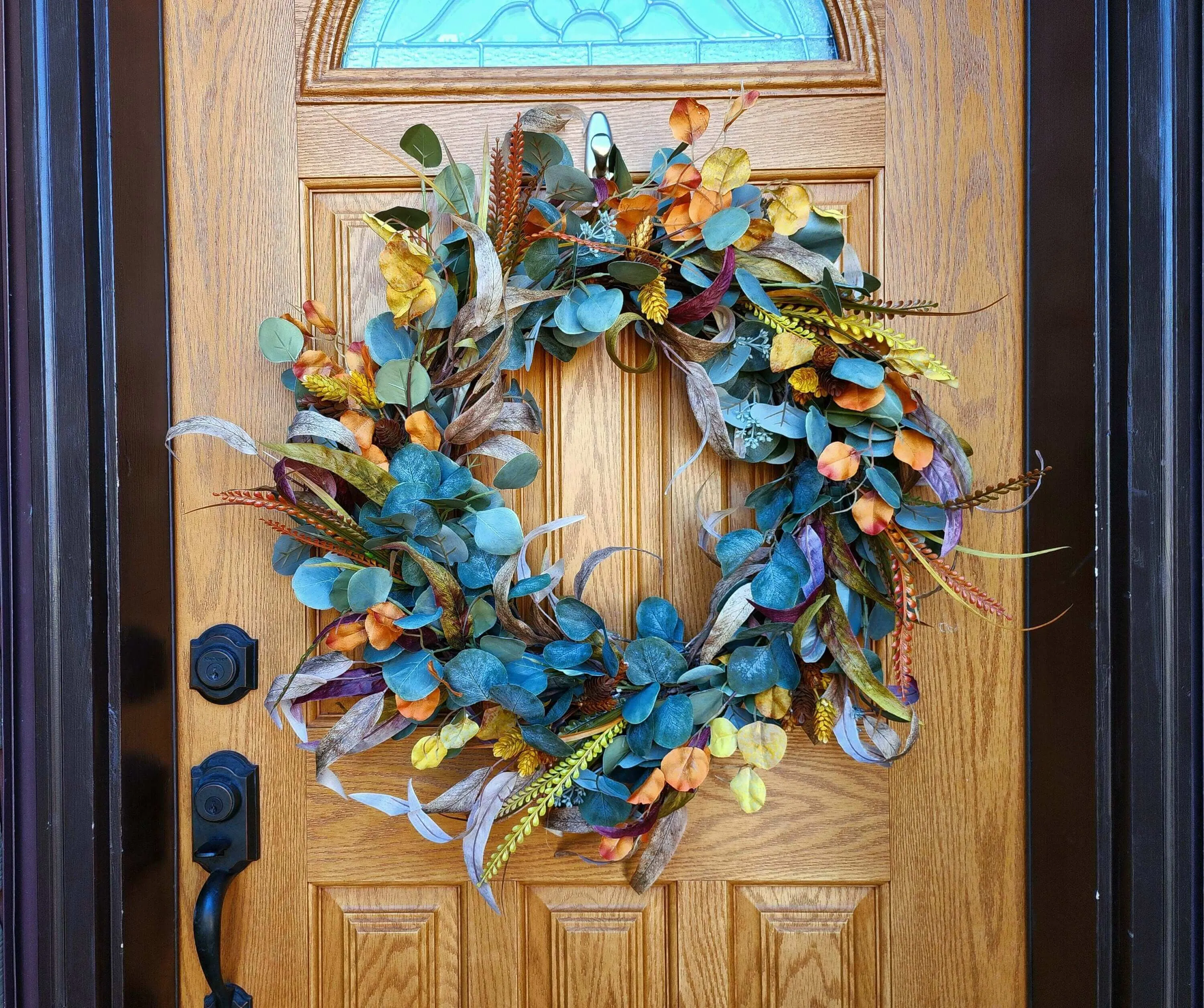 Fall eucalyptus wreath in greens, yellows and orange, earth toned wreath, front door wreath, home decor, housewarming gift, handmade gift