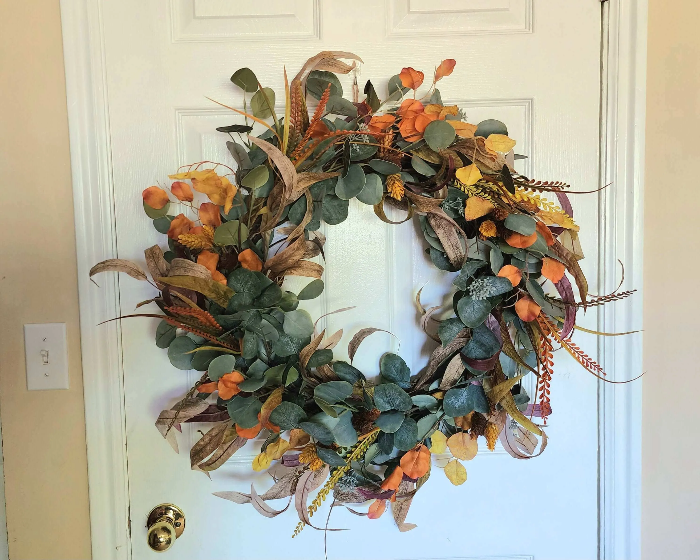 Fall eucalyptus wreath in greens, yellows and orange, earth toned wreath, front door wreath, home decor, housewarming gift, handmade gift