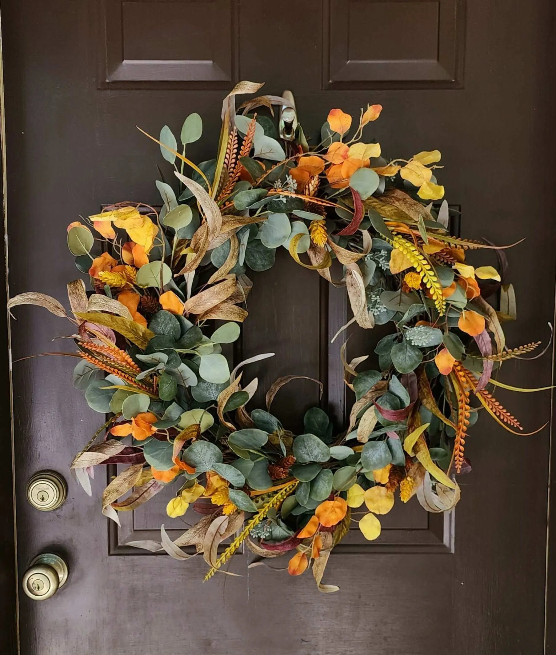 Fall eucalyptus wreath in greens, yellows and orange, earth toned wreath, front door wreath, home decor, housewarming gift, handmade gift