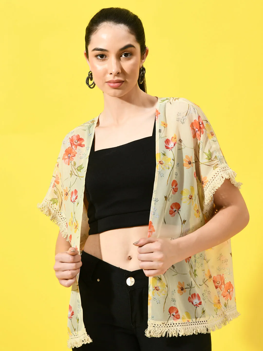 Floral Printed Open Front Shrug