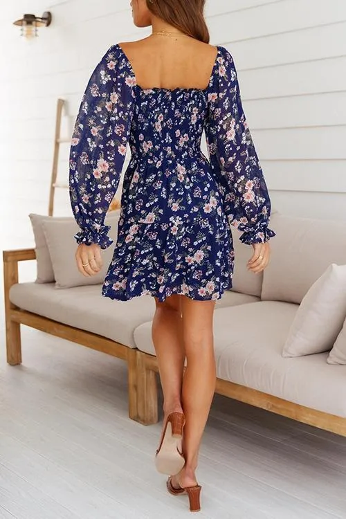 Flroal Print Square Neck Long Sleeve Mini Dress