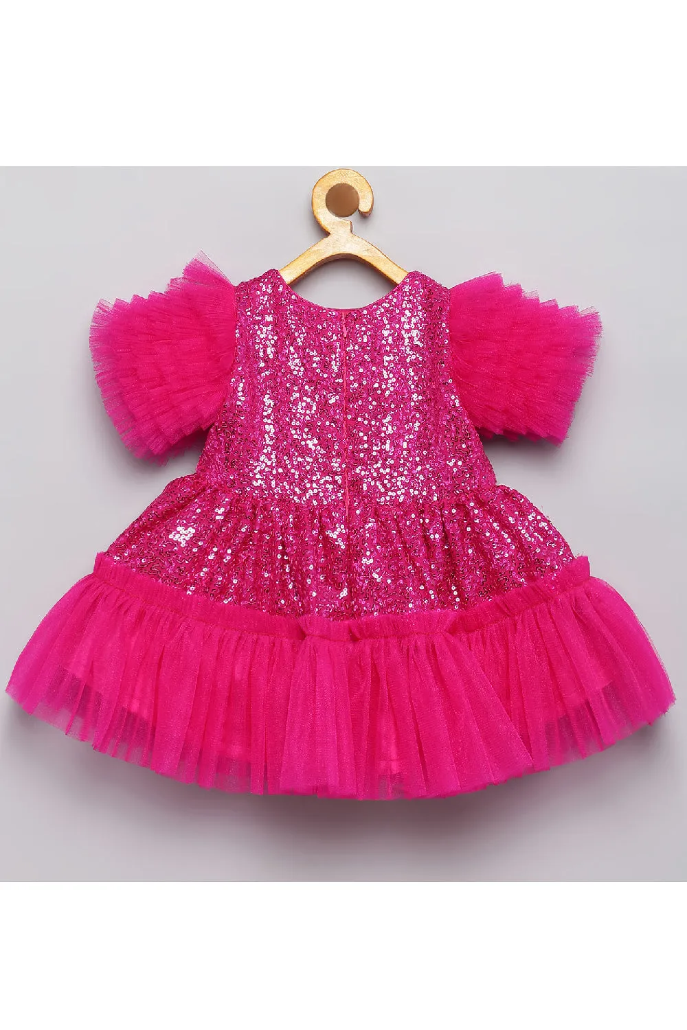 Fuchsia Pink Sequins Bow Detailing Frill Tulle Dress