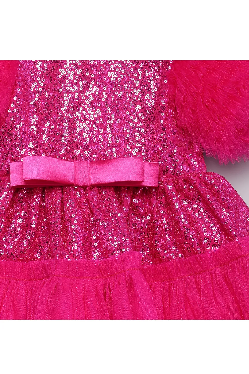 Fuchsia Pink Sequins Bow Detailing Frill Tulle Dress