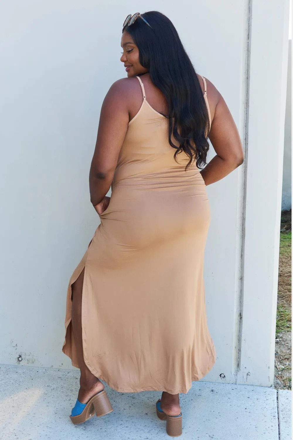 Full Size Cami Side Slit Maxi Dress in Camel