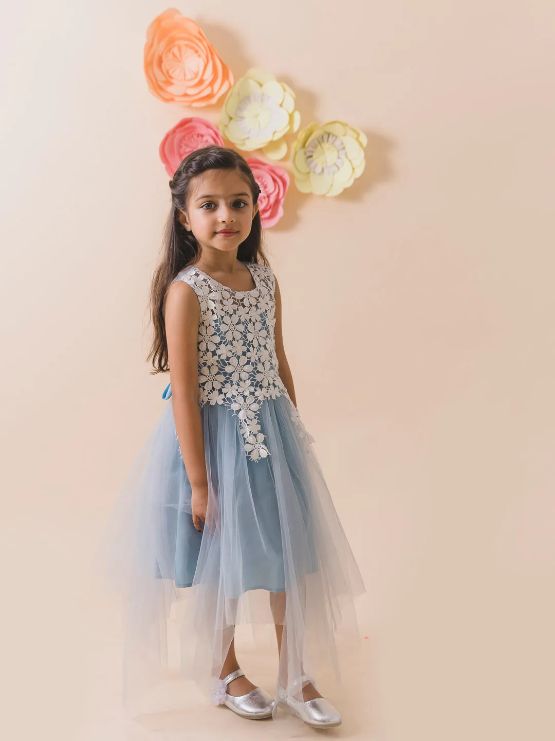 Girls Blue Net Solid Maxi Dress - Ps Peaches