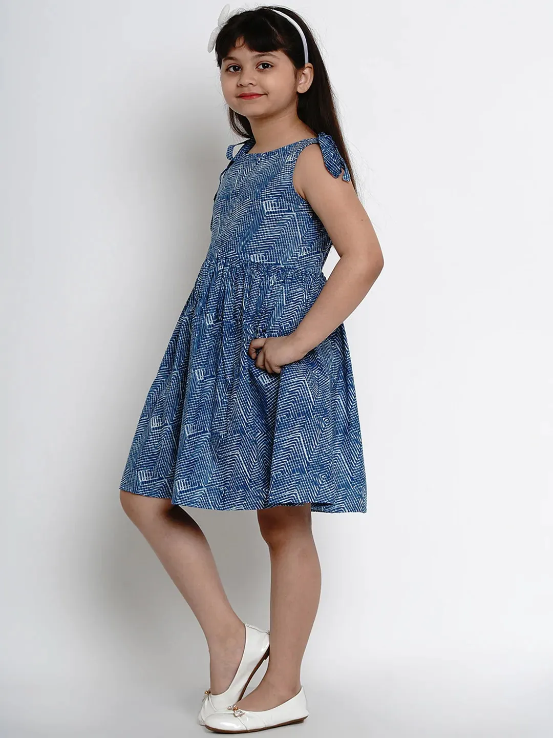 Girl's Blue Printed Fit And Flare Dress  - NOZ2TOZ KIDS