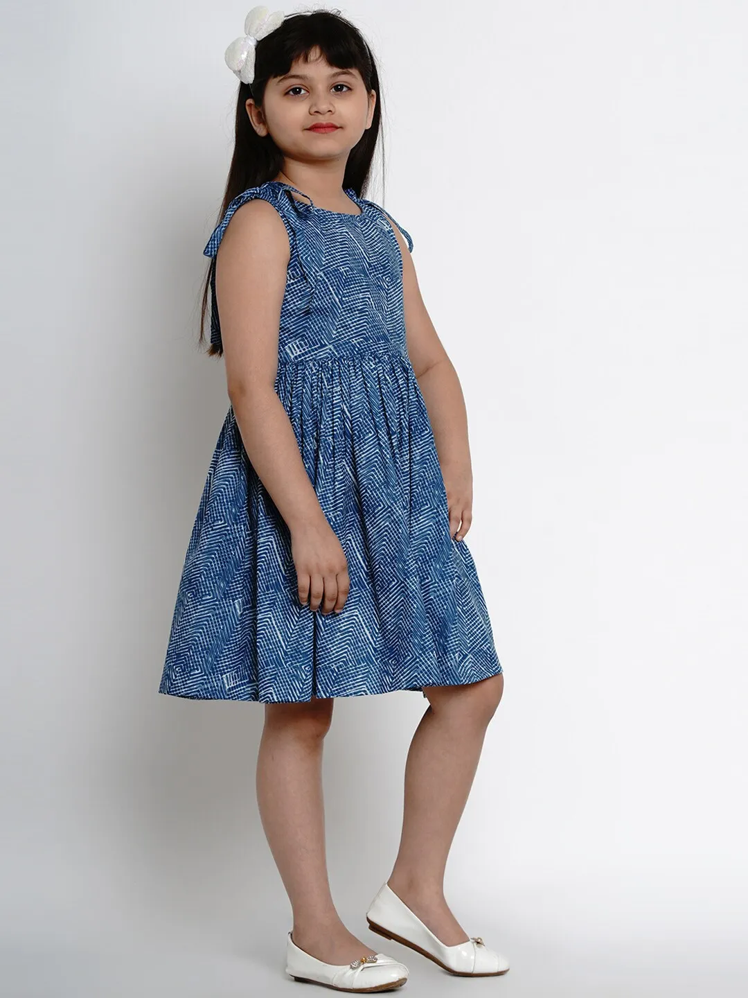 Girl's Blue Printed Fit And Flare Dress  - NOZ2TOZ KIDS