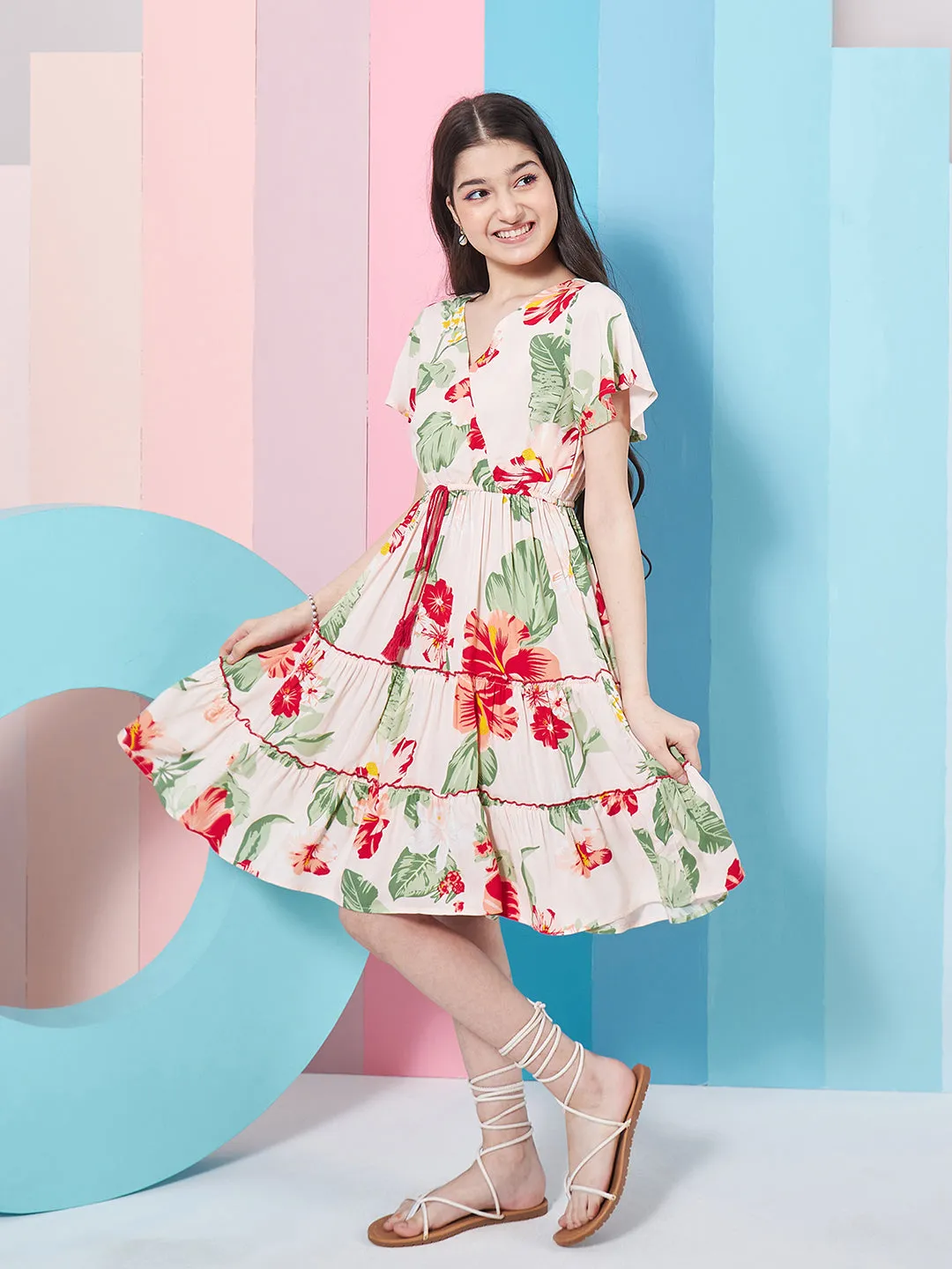 Girls Floral Printed Flared Sleeves Tiered Fit Flare Dress - PS Peaches