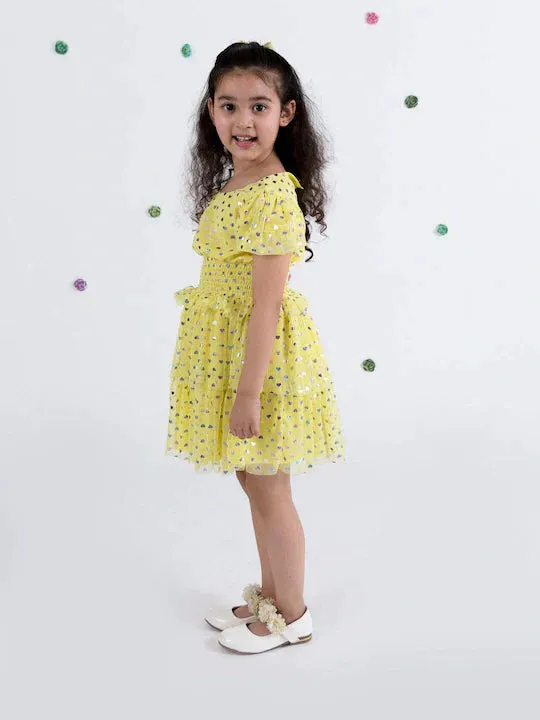 Girls Yellow Floral Net Dress - Ps Peaches