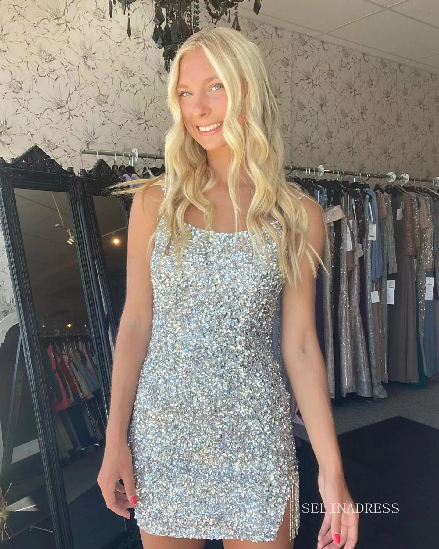 Glittery Silver Sequins Homecoming Dresses 2022 Spaghetti Straps Bodycon Mini Cocktail Dresses #TKL013