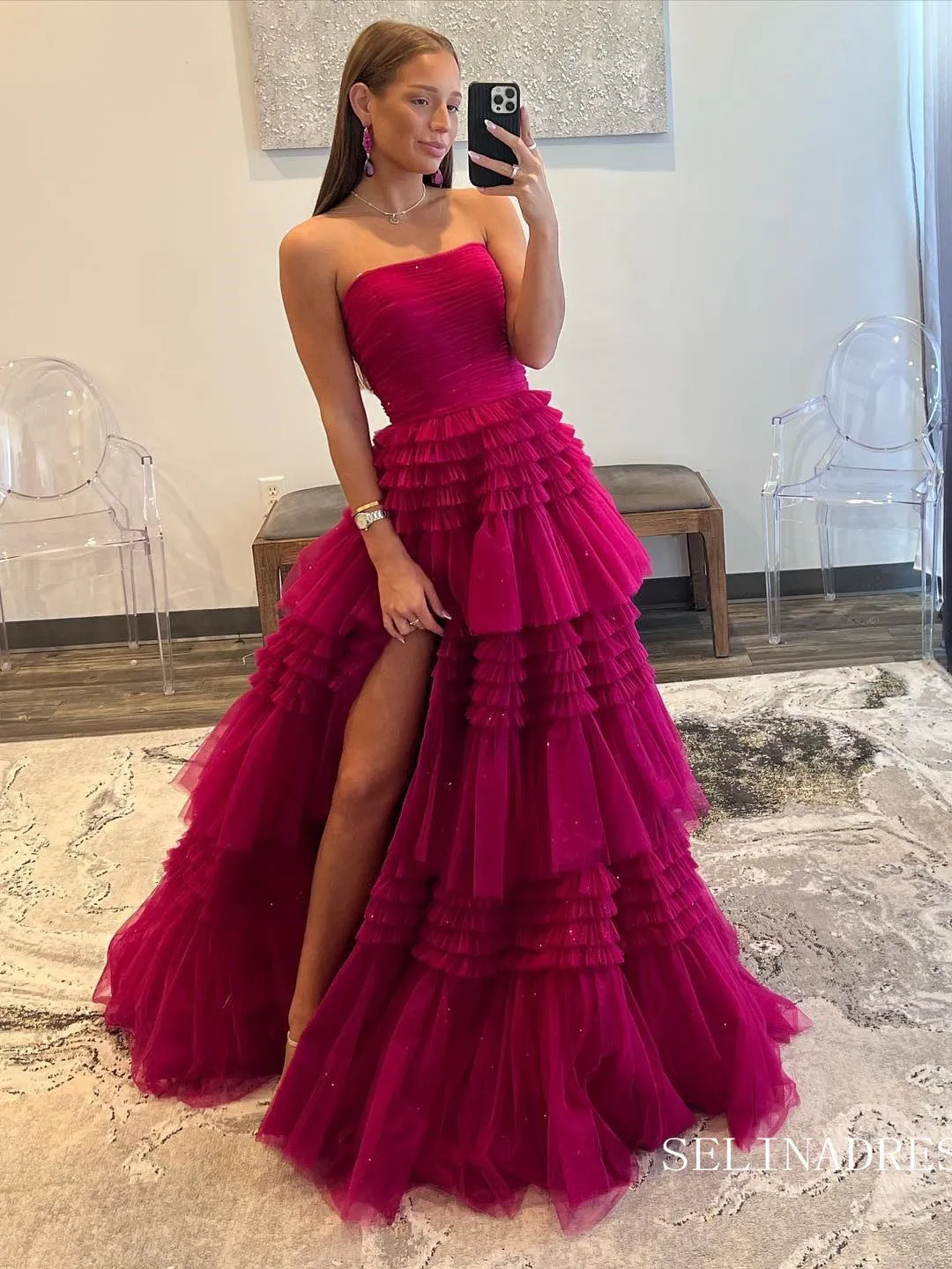 Gorgeous Frill Layered Gown Long Prom Dress With Ruffles Slit Evening Dresses sea070