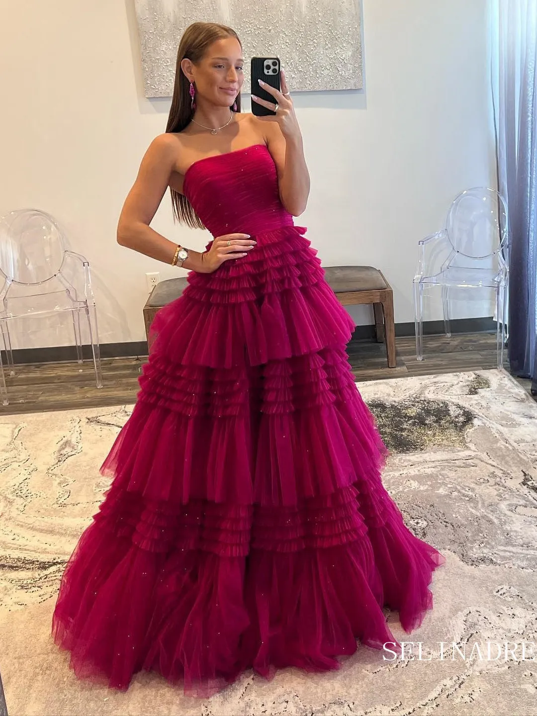 Gorgeous Frill Layered Gown Long Prom Dress With Ruffles Slit Evening Dresses sea070