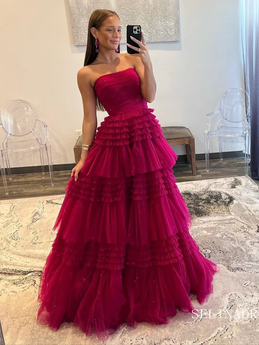 Gorgeous Frill Layered Gown Long Prom Dress With Ruffles Slit Evening Dresses sea070