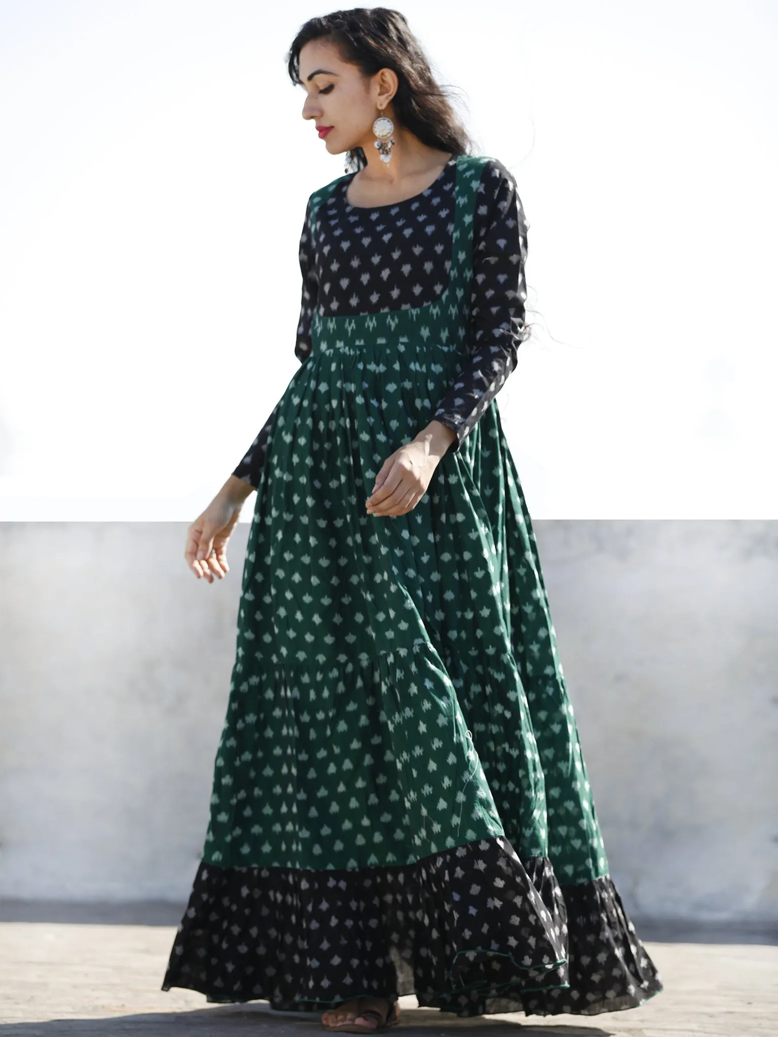 Green Black Ivory Hand Woven Mercerized Cotton Ikat Tier Dress - D135F1289