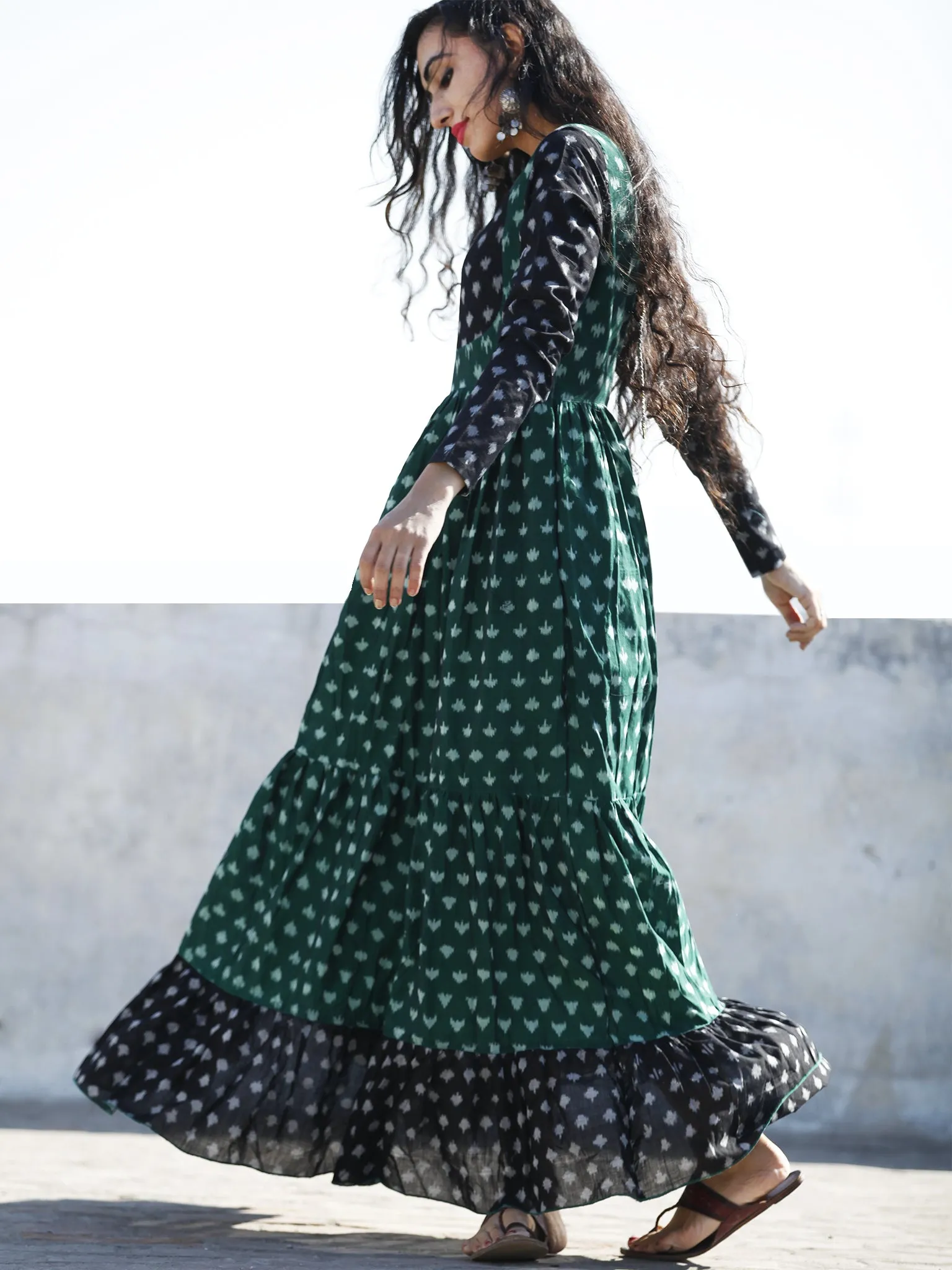 Green Black Ivory Hand Woven Mercerized Cotton Ikat Tier Dress - D135F1289