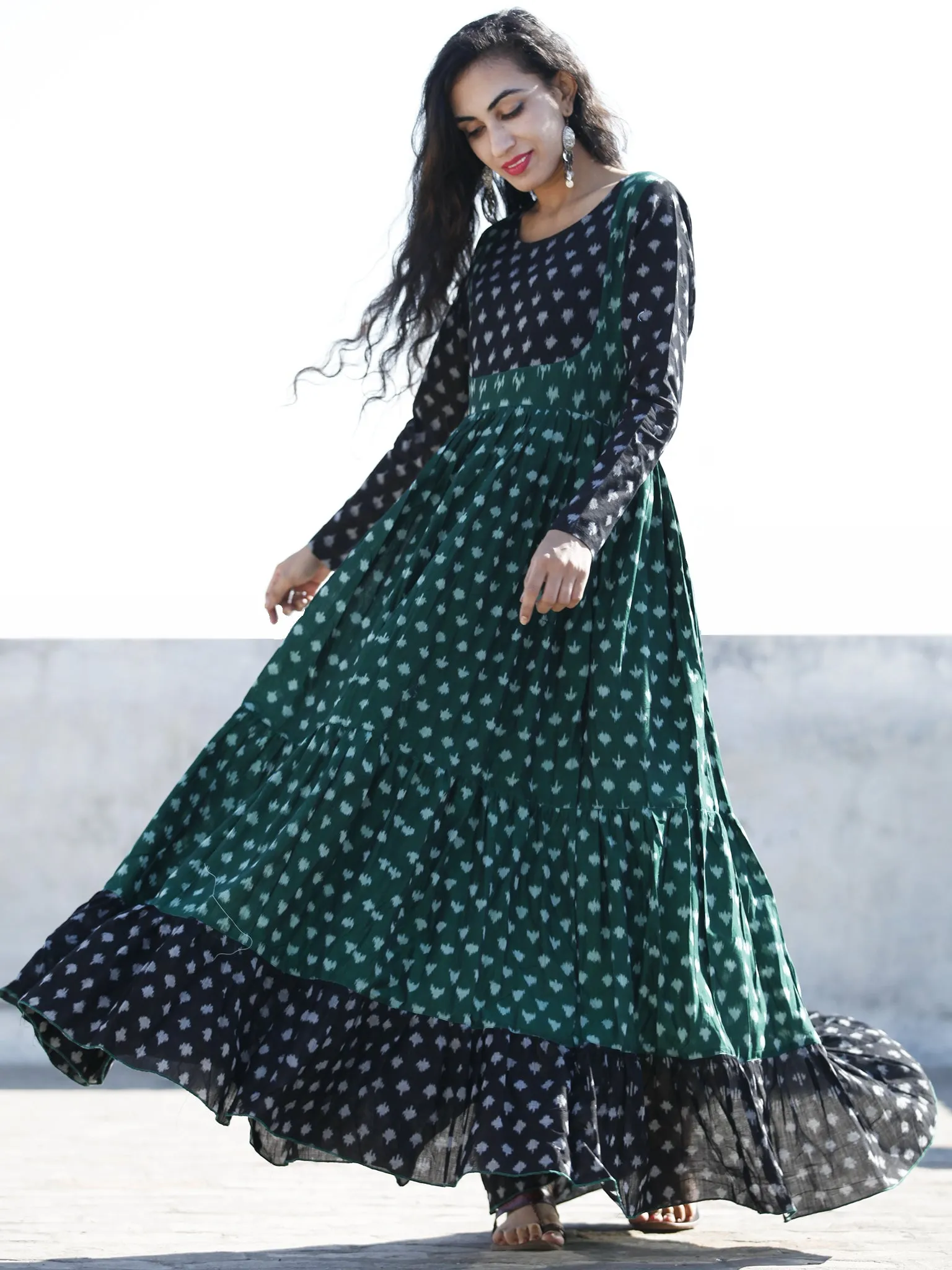 Green Black Ivory Hand Woven Mercerized Cotton Ikat Tier Dress - D135F1289