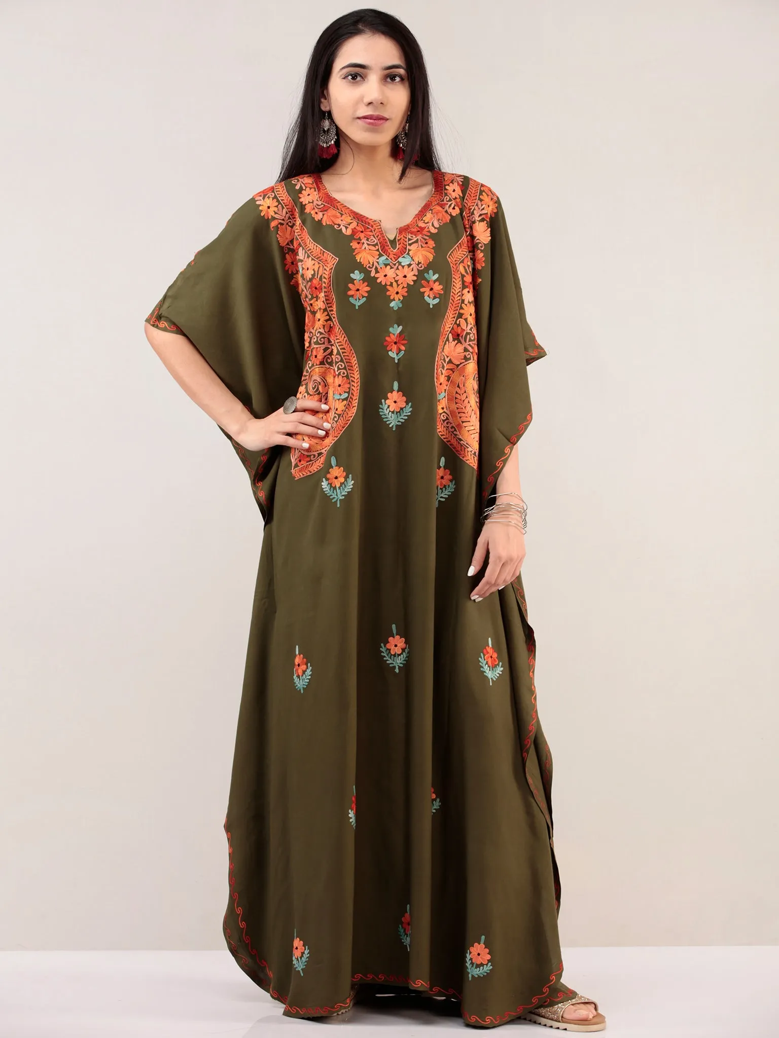 Green Orange Aari Embroidered Kashmere Free Size Kaftan  - K12K021