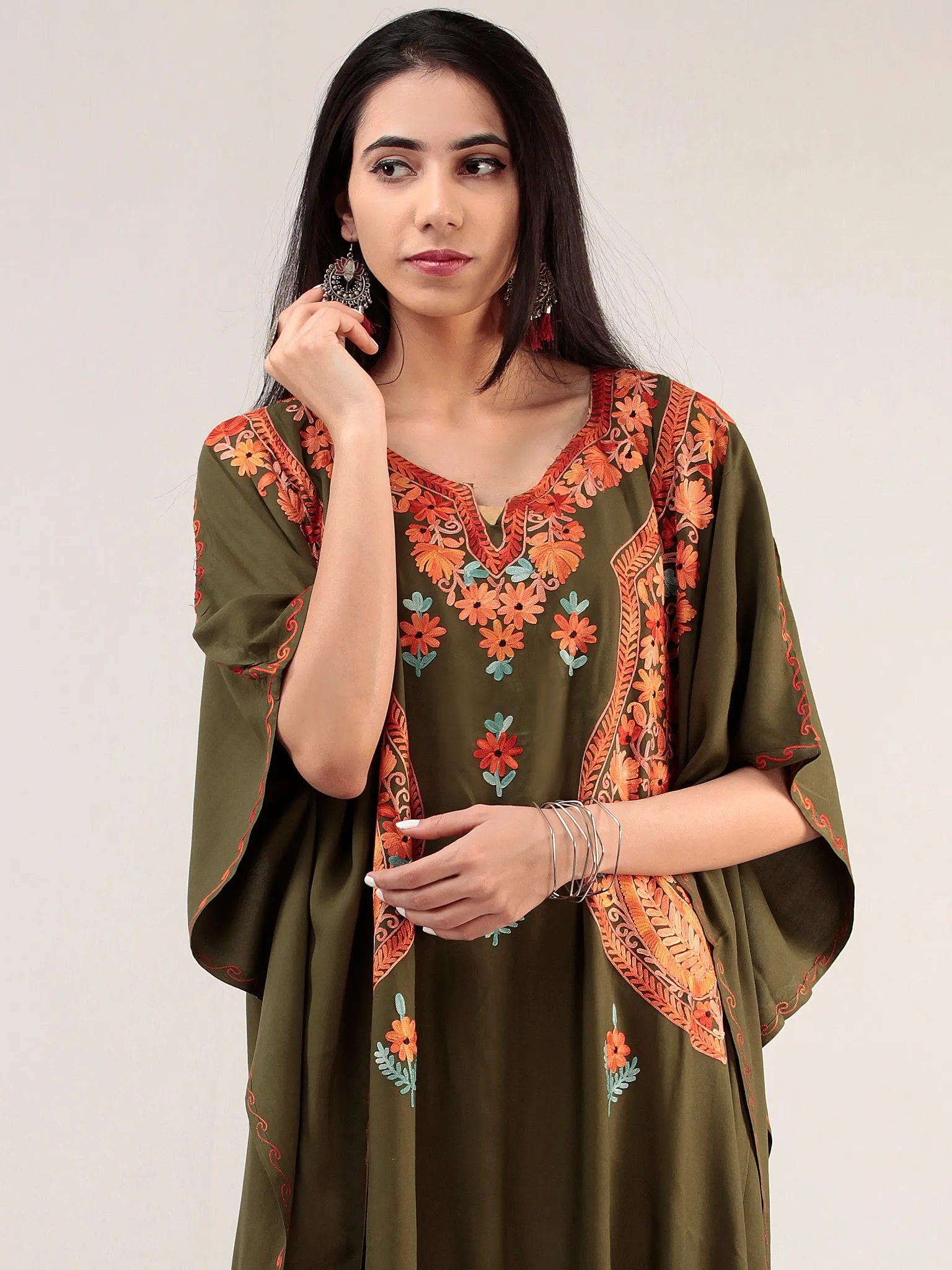 Green Orange Aari Embroidered Kashmere Free Size Kaftan  - K12K021