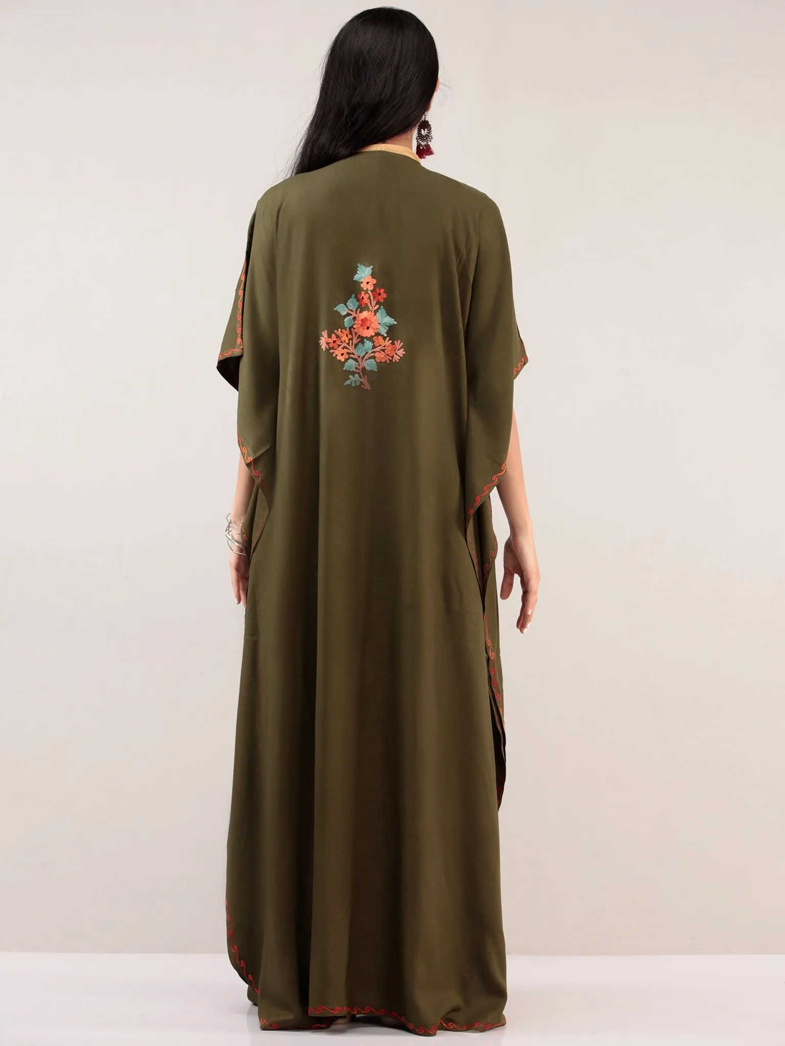 Green Orange Aari Embroidered Kashmere Free Size Kaftan  - K12K021