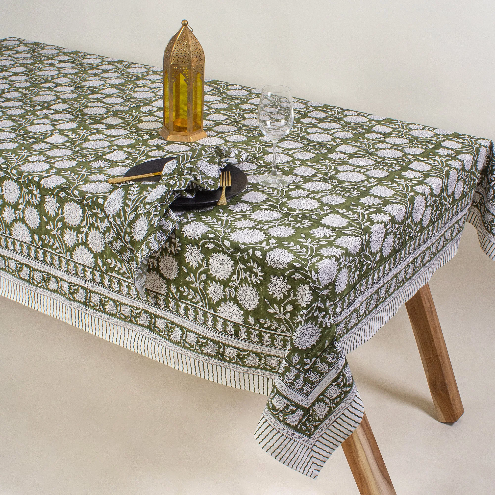 Handmade Green Floral Print Cotton Table Cover Best Design