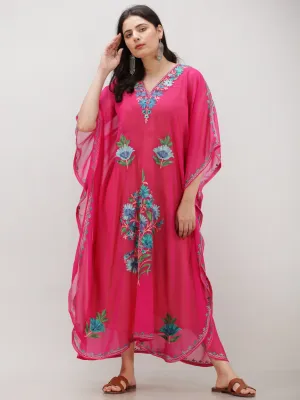 Hot Pink Multicolor Aari Embroidered Kashmere Free Size Georgette Kaftan  - K12K012