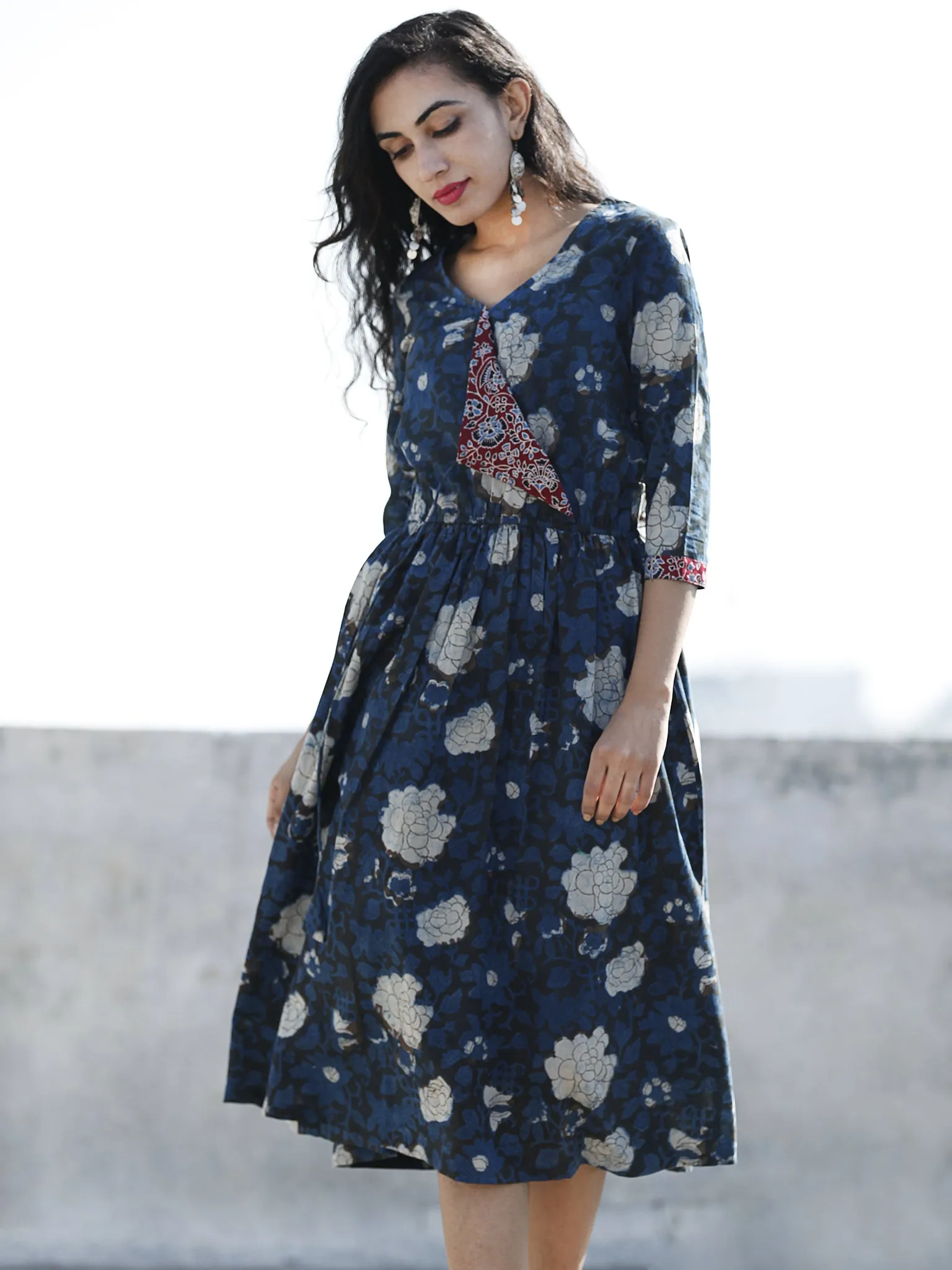 Indigo Black Ivory Maroon Hand Block Printed Cotton Angrakha Dress With Elasticated Waist - D96F882