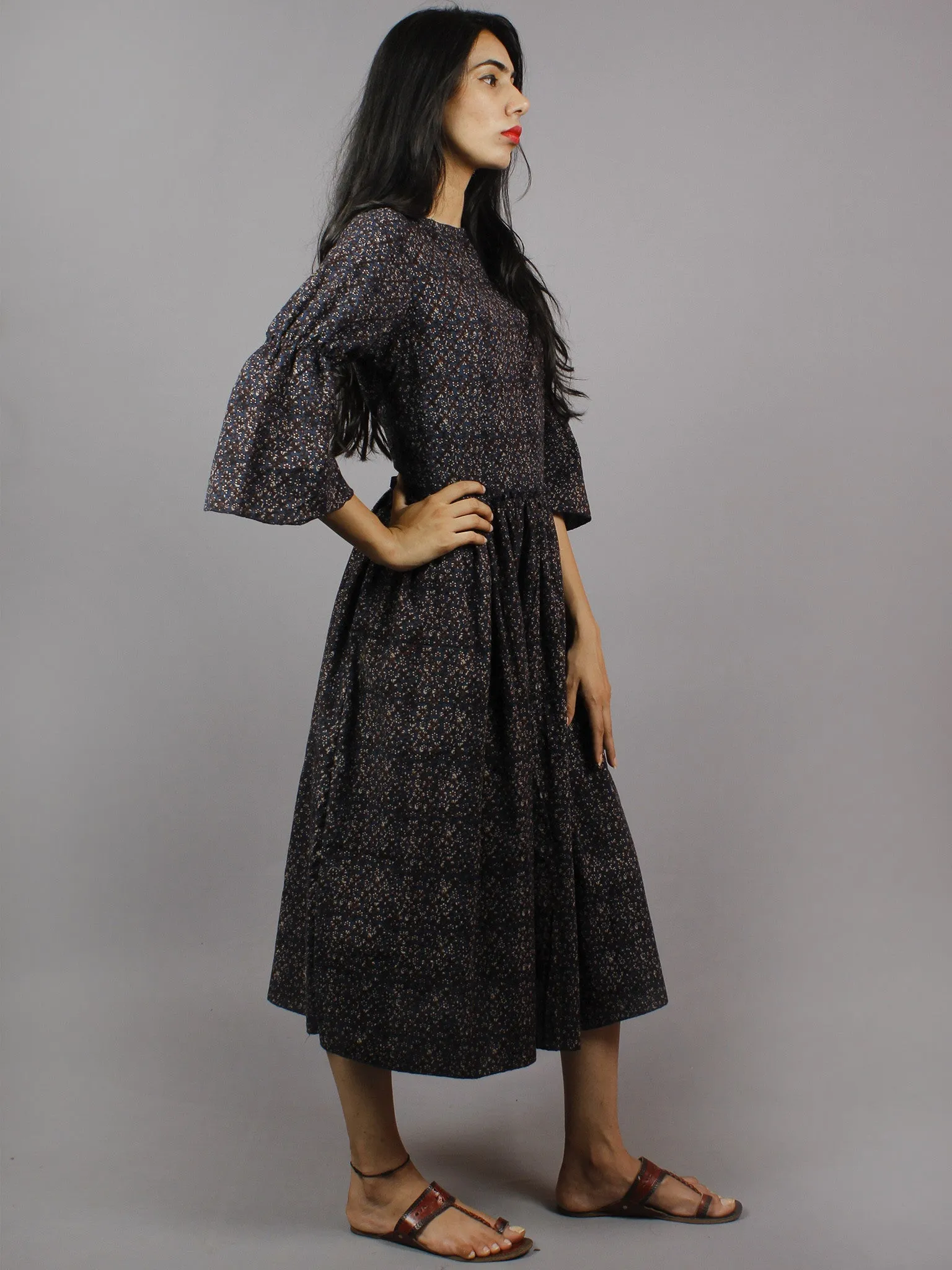 Indigo Brown Beige Hand Block Ajrakh Printed Cotton Dress With Back Opening - D3648201