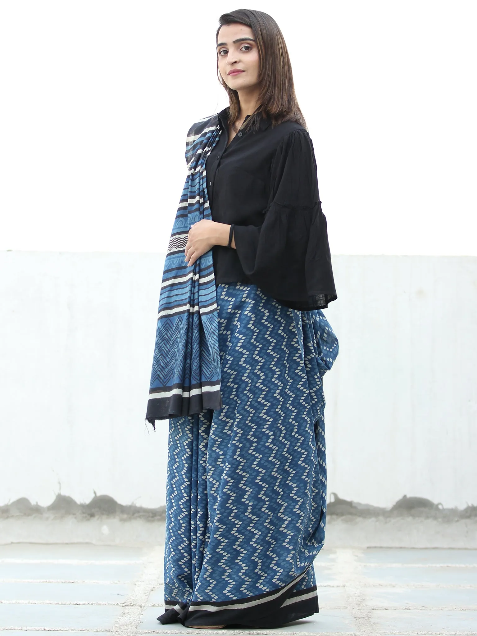 Indigo White Black  Hand Block Printed  Cotton Mul Saree - S031704112