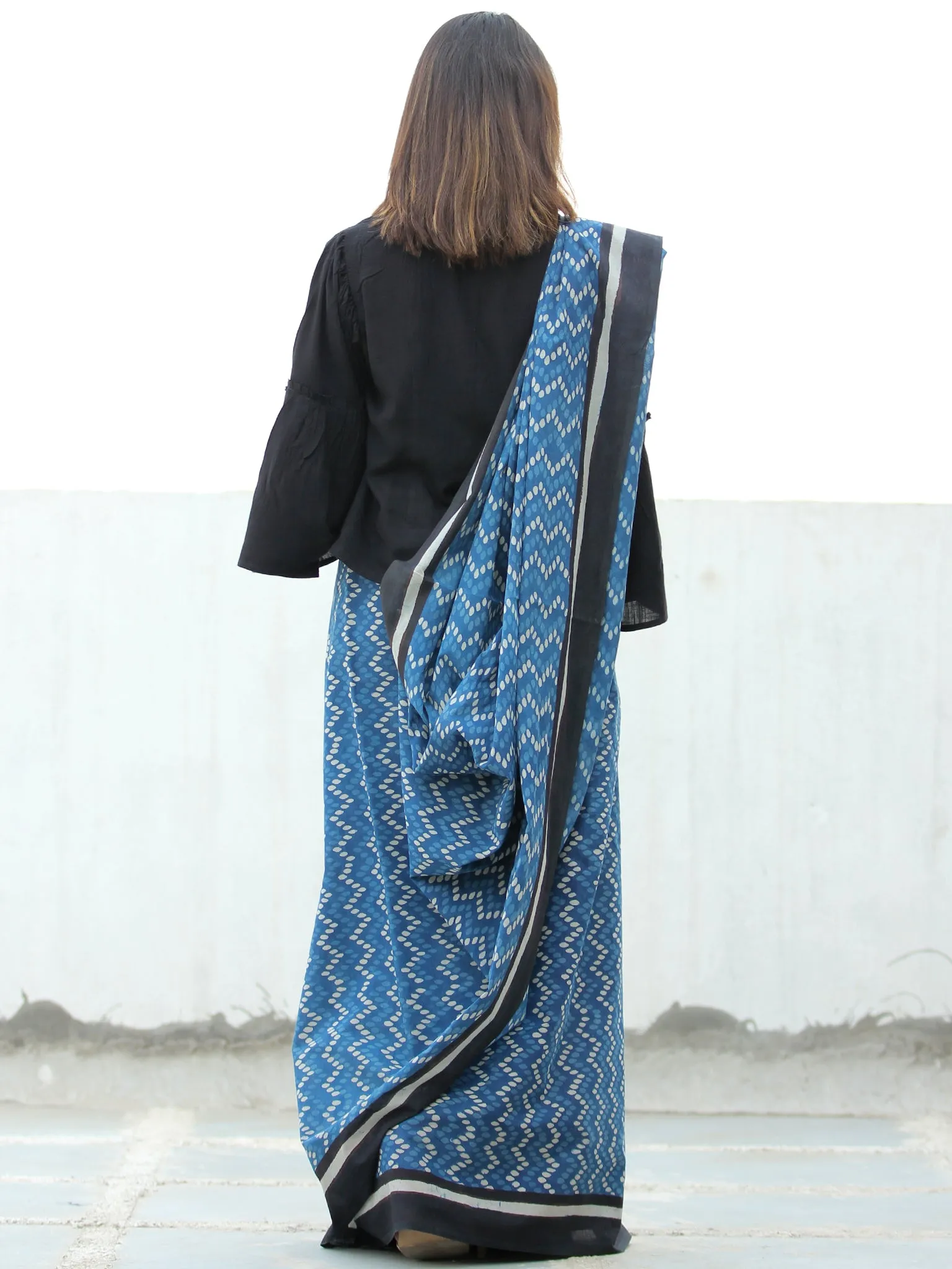 Indigo White Black  Hand Block Printed  Cotton Mul Saree - S031704112