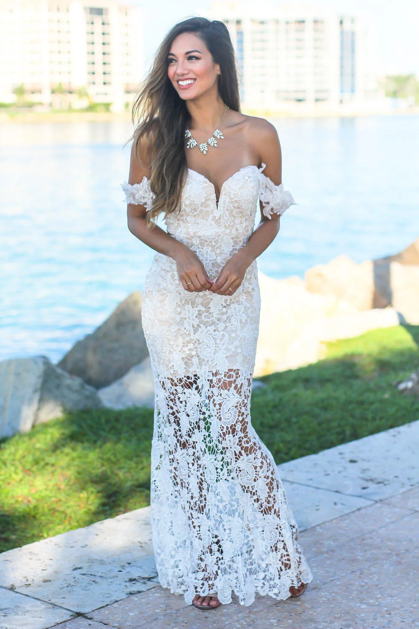 Ivory and Nude Off Shoulder Maxi Dress