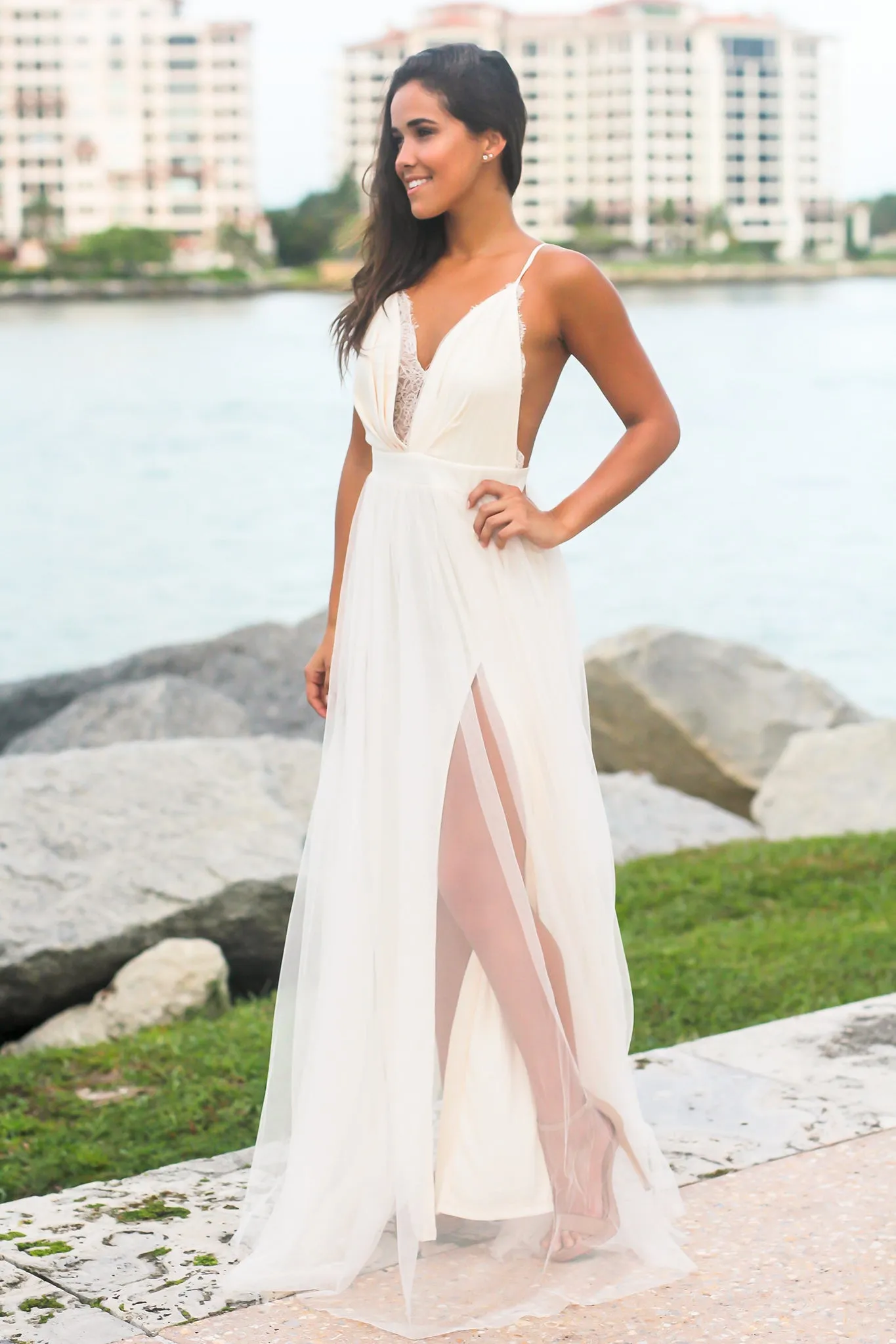 Ivory Tulle Maxi Dress with Lace Detail