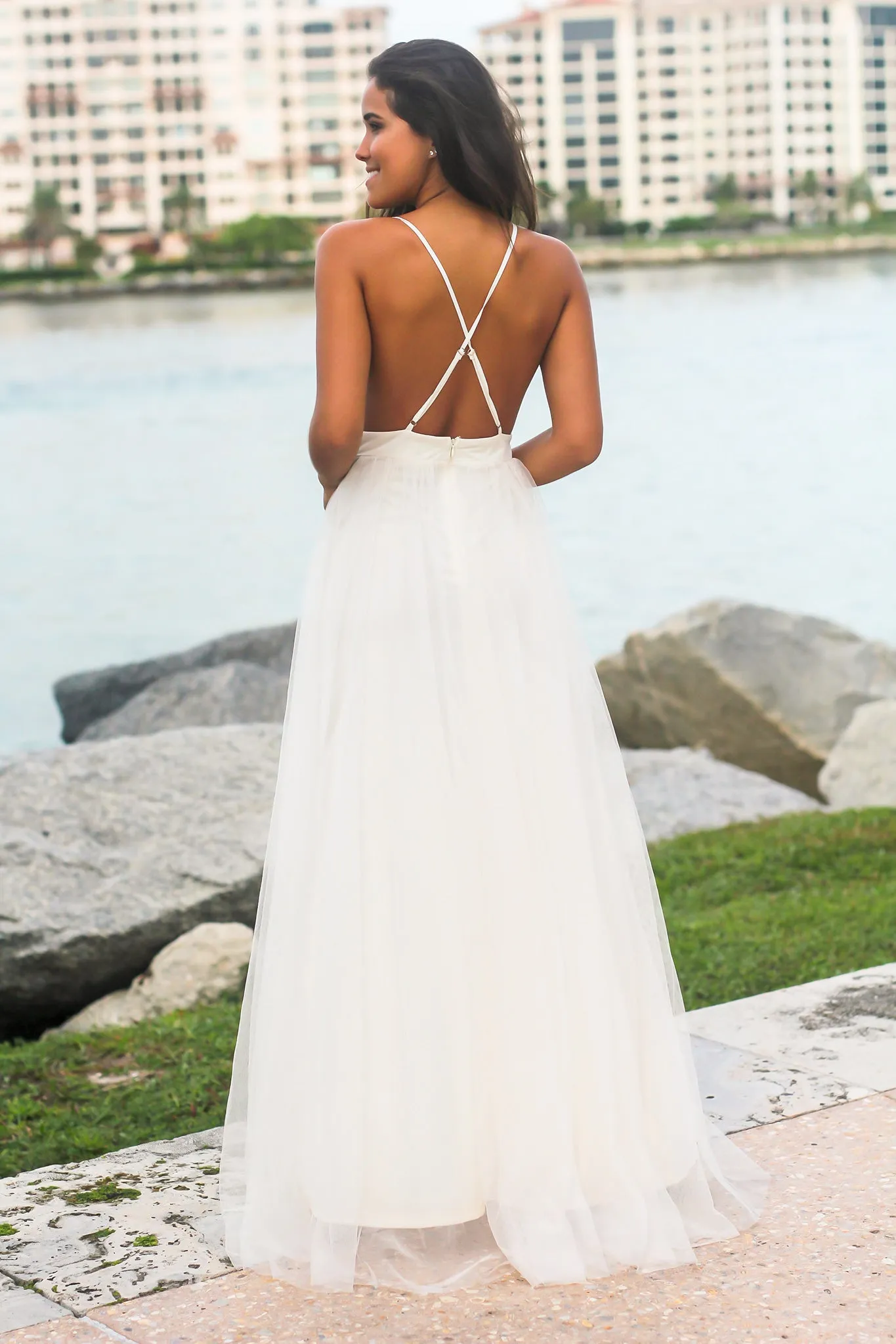 Ivory Tulle Maxi Dress with Lace Detail