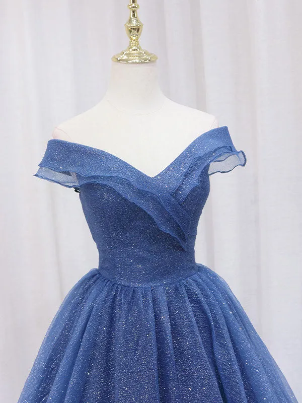 kamahe A-Line Dark Blue Tulle Long Prom Dresses, Blue Formal Evening Dress