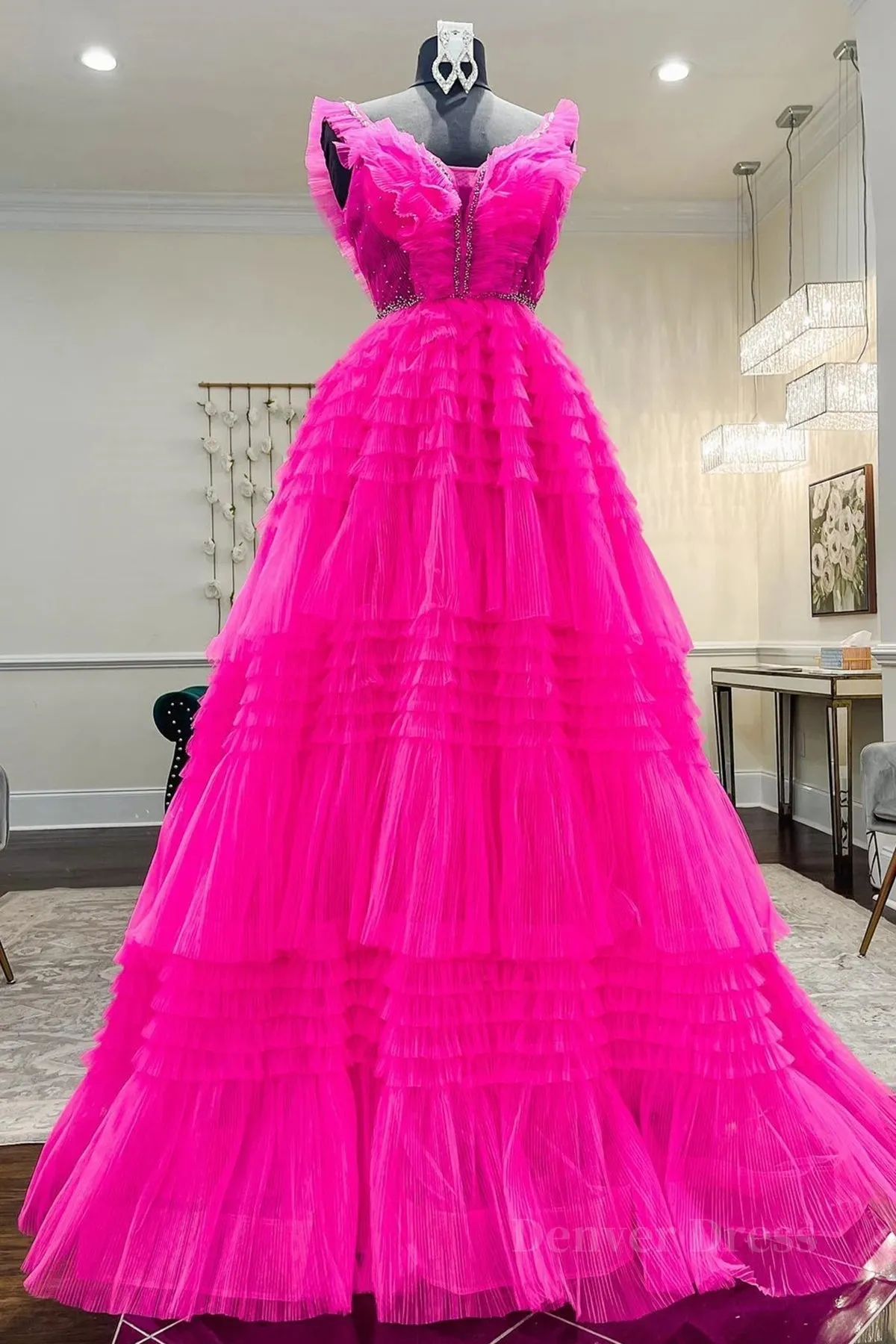 kamahe Hot Pink Tulle Long Prom Dresses, Hot Pink Long Formal Graduation Dresses